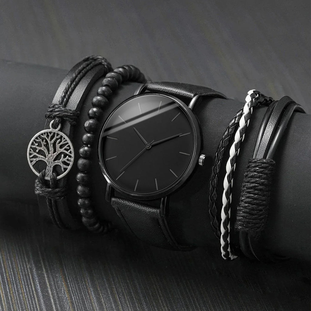 5PCS Minimalist stud watch, fashionable casual belt, student watch, new men's business quartz watch set Qme 5PCS Set Without Box