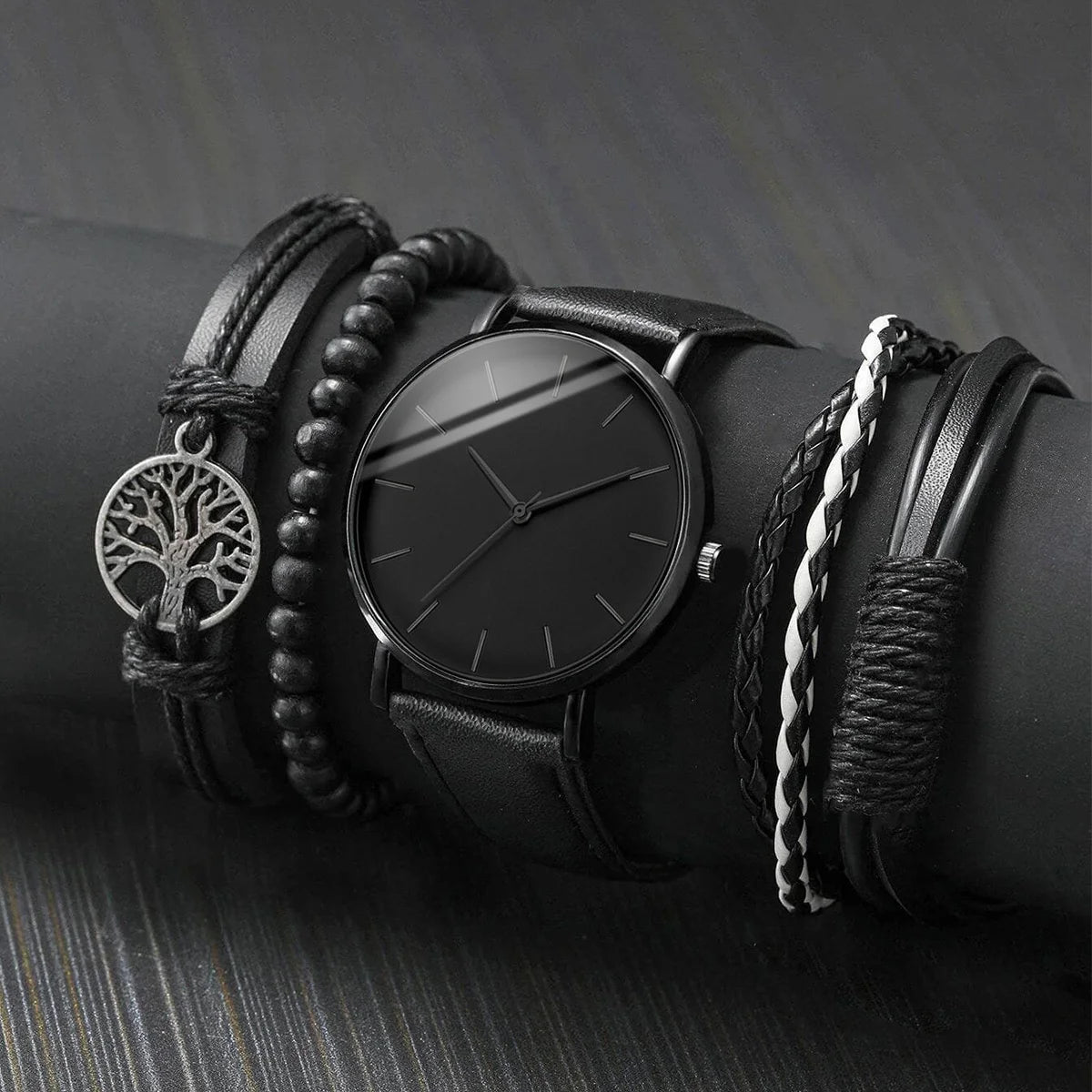 5PCS Minimalist stud watch, fashionable casual belt, student watch, new men's business quartz watch set Qme 5PCS Set Without Box