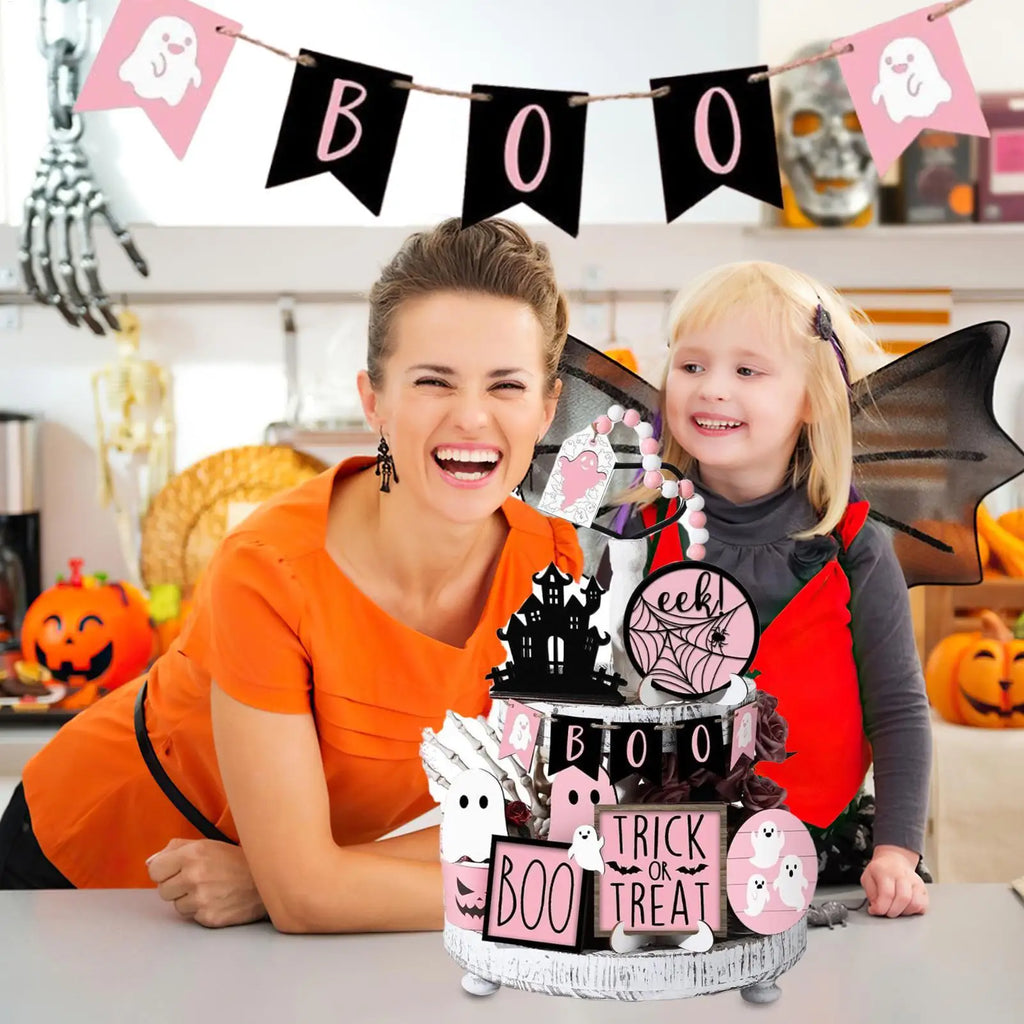 Halloween Tiered Tray Decorations 13 Desk Decor Boo Ghost Themed Qme