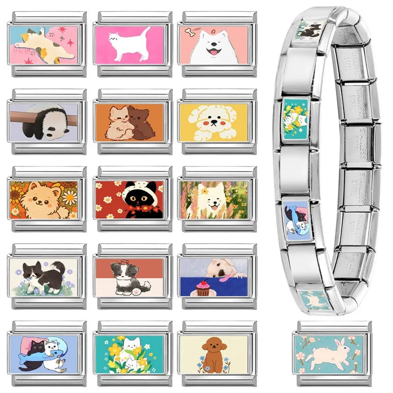 Design Cute Cartoon Animal Pet Series Cat Dog Rabbit Italian Link fit 9mm Stainless Steel Bracelet Making Gift DIY Charm Jewelry Qme