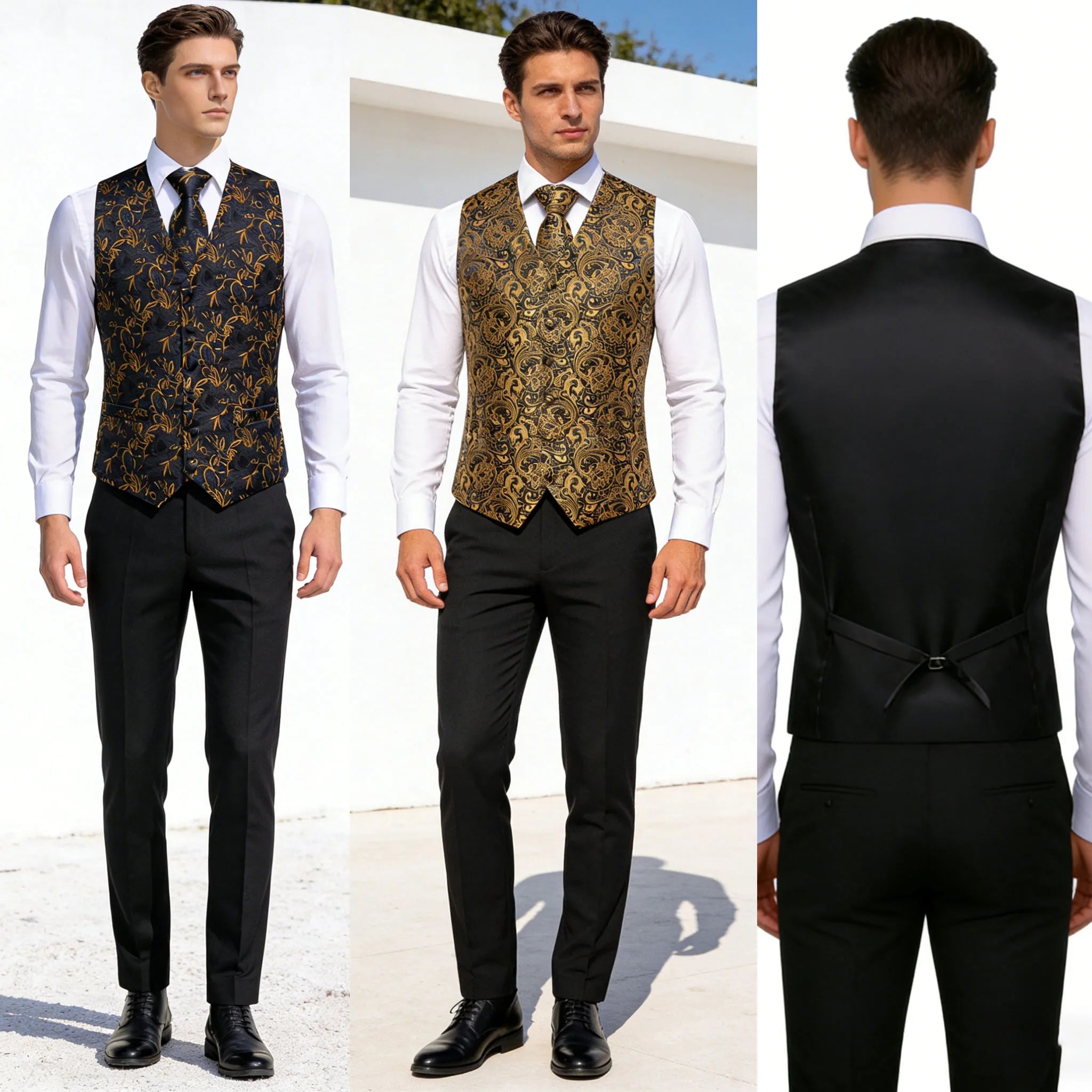 Luxury Mens Black Golden Vest Tie Hanky Cufflinks Jacquard Floral Qme