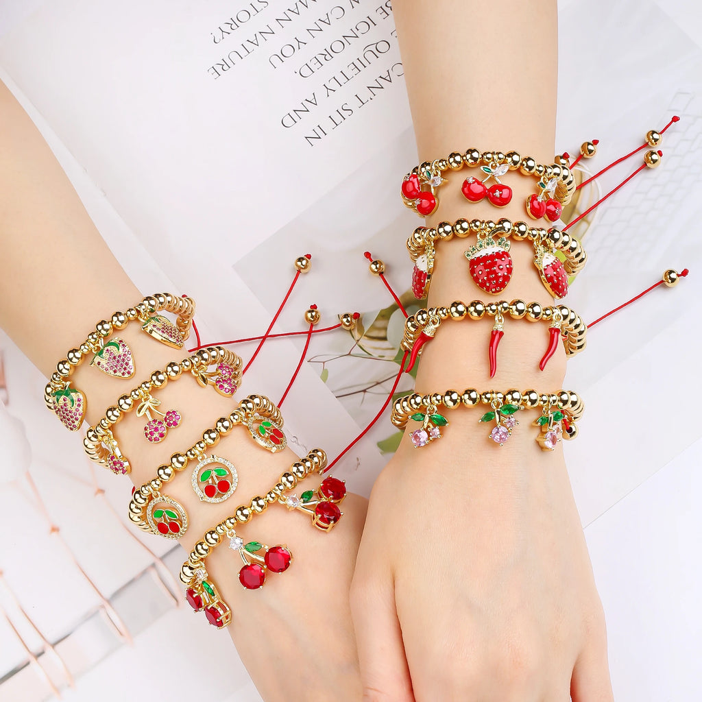 Gold-Plated Copper Bead Chain Braid Crystal Red Cherry Bracelet for Woman Female Daily Party Wrist Jewelry Friendship Gift Qme
