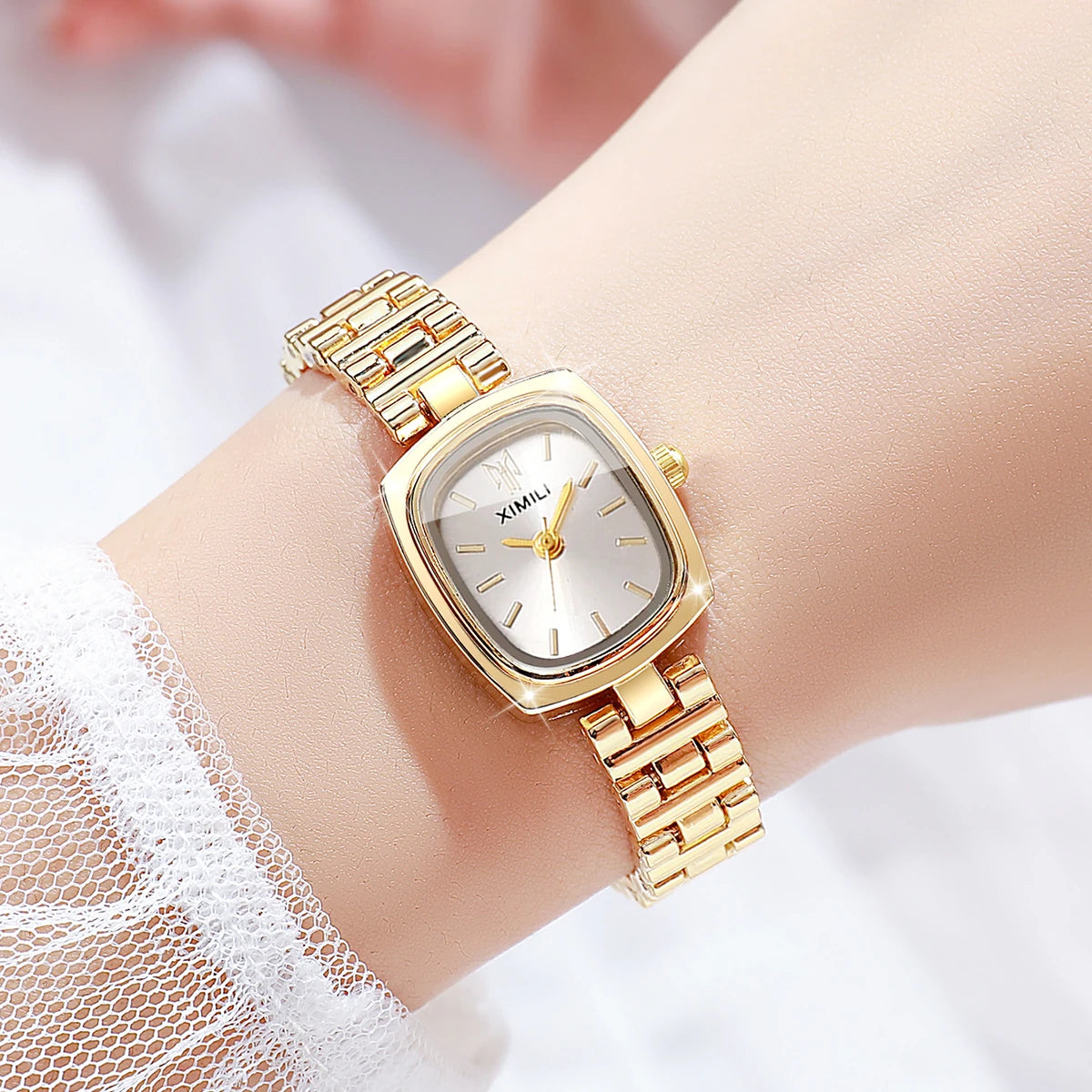 Women's Small Square Watch, Gold Tone with Silver Dial, Everyday Wear Qme