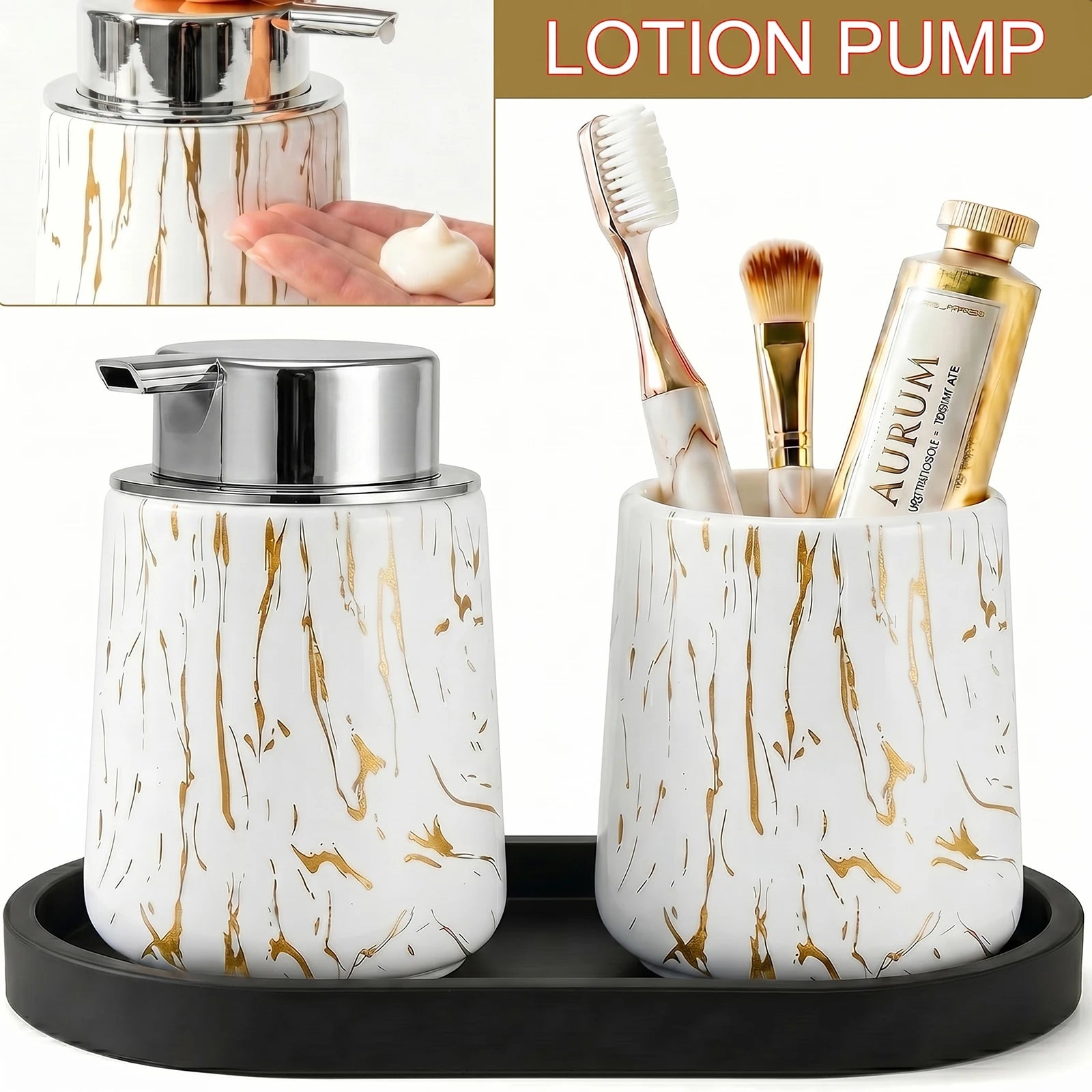 3pcs/set Marble Bathroom Set with Silicone Tray Foaming Hand Dispenser Toothbrush Holder Set Vanity Organizer for Bathroom Kitch Qme D-liquid set