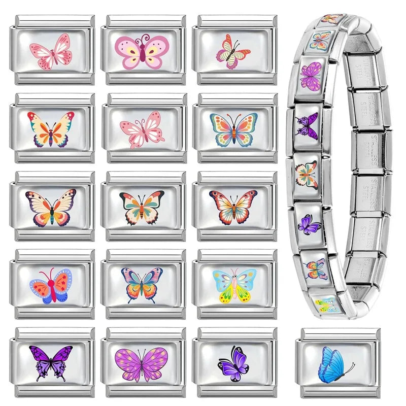 New Y2K Attractive Purple Butterfly Colorful Flower Italian Charm Link fit 9mm Stainless Steel Jewelry DIY Making Bracelets Gift Qme