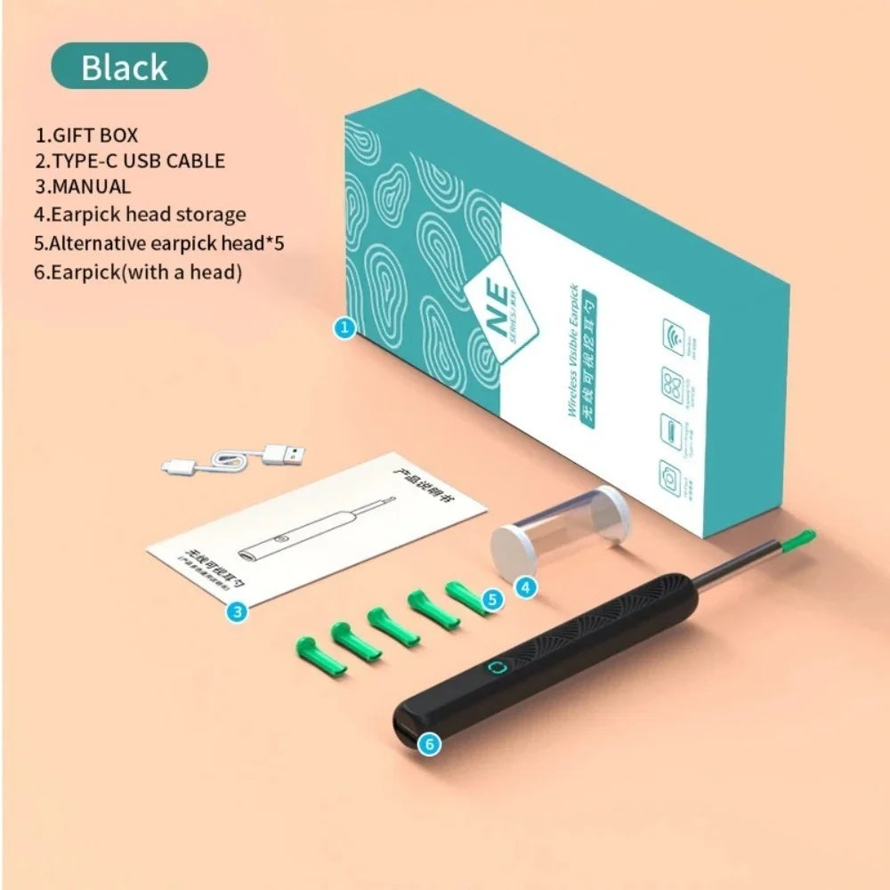 Smart Visual Ear Cleaner HD Camera Wireless WiFi Ear Cleaner Full Set USB Charging LED Lights Ear Cleaning Tools Oral Inspection Qme black