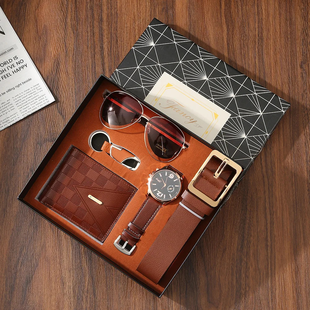New Mens Watch Set with Gift Box 5 Pieces Key Chain Sunglasses Belt and Wallet Set for Men Gift for Him Boyfriend Dad Husband Qme Brown