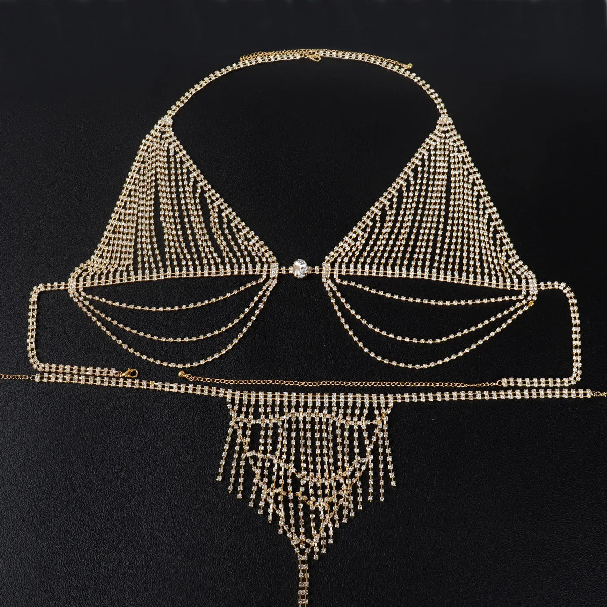 Flash Diamond Breast Chain Rhinestone Tassel Sexy Bikini Body Qme gold set