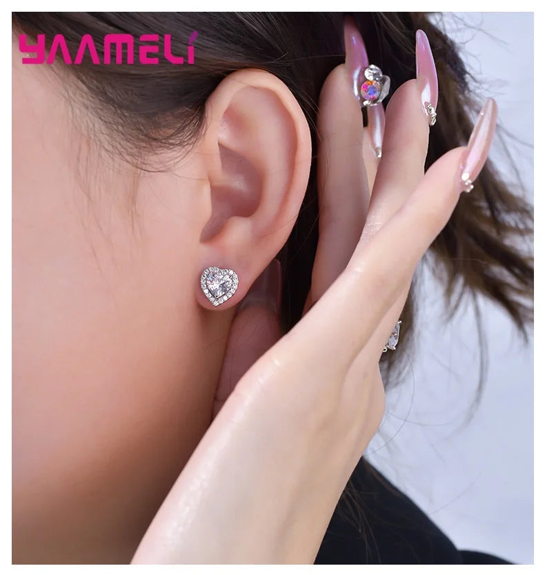 Romatic Birthday Valentines Day Gift Luxury 925 Sterling Silver Color Jewelry Sets Cubic Zircon Heart Ring Necklace Earrings Qme