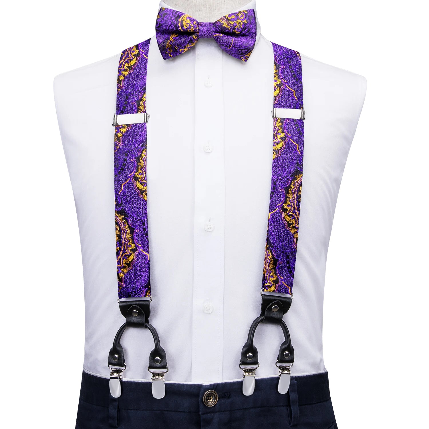 Silk Woven Mens Suspenders Bow Tie Hanky Cufflinks Strength 6 Clips