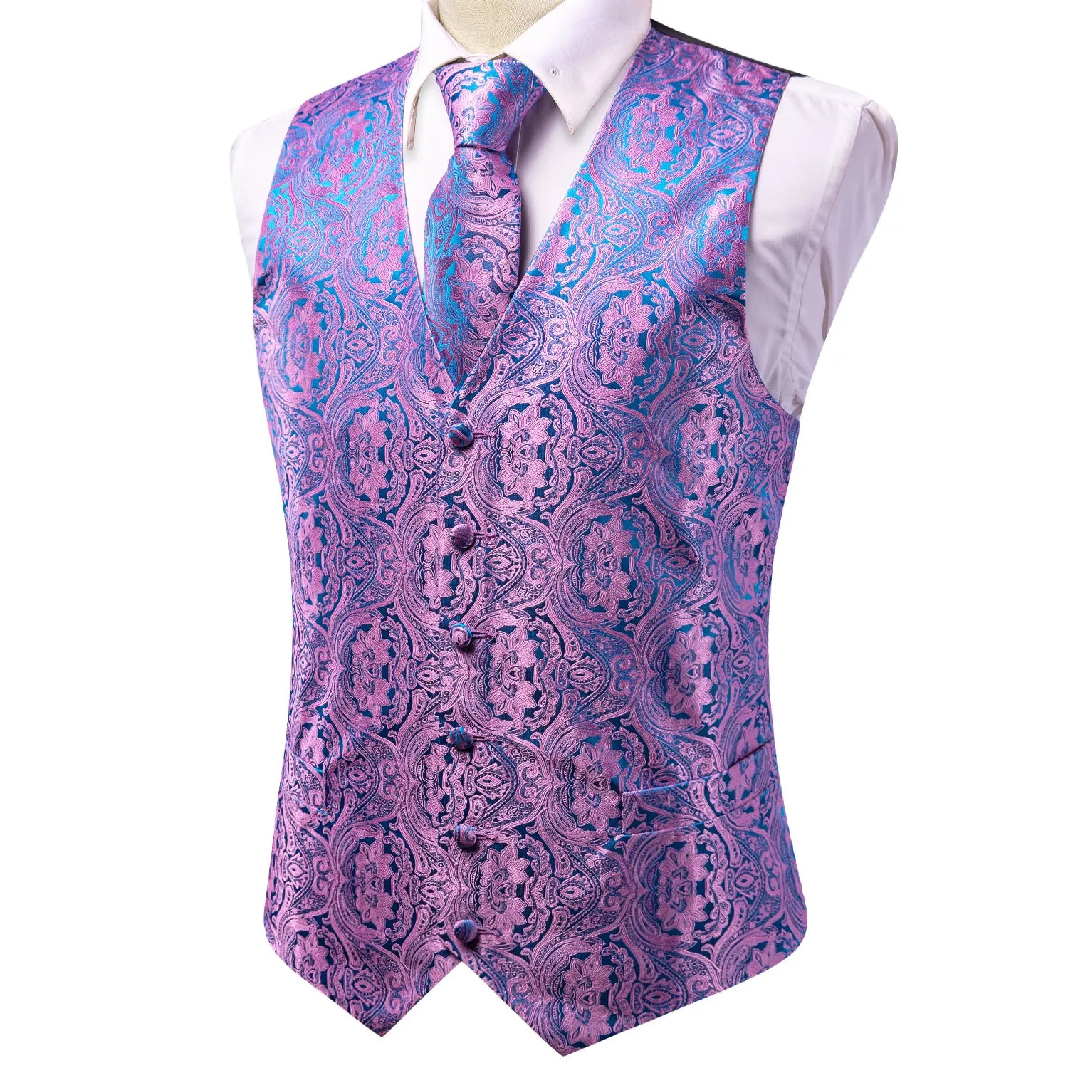 Wedding Purple Men Vest Paisley Floral Necktie Handkerchief Cufflinks Qme