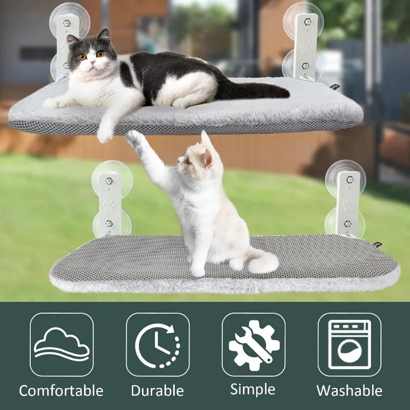 Cordless window wall cat hammock with 4 strong suction cups, metal frame and flip cover, indoor cat foldable four season cat bed Qme