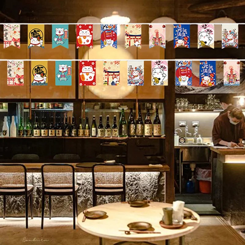 Japanese Style Lucky Cat Hanging String Flag Sushi Restaurant Bunting Banners Izakaya House Birthday Party Wedding Decoration Qme