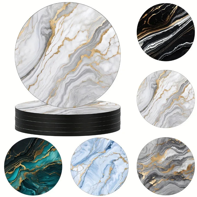 Marble Veining Wooden Drink Coasters Round Absorbent Funny Cold Qme