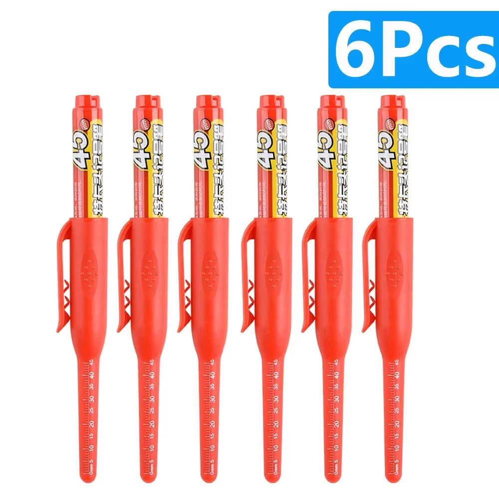 6Pcs 45mm Waterproof Long Head Nib Deep Hole Markers Pen Tile Carpenter Pen Multi-purpose for Woodworking Black/Blue/Red Ink Qme 6pcs Red