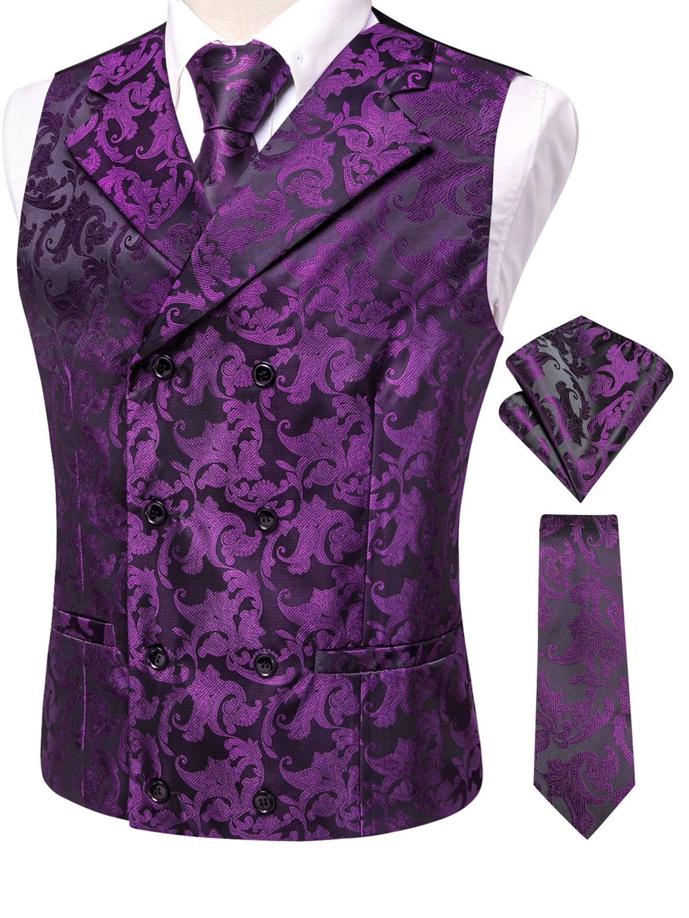 Men's Formal Paisley Jacquard Vest Set – Classic Waistcoat with Matching Tie Hankerchief Cufflinks Ideal for Banquets Qme HT-MJ-0094 M