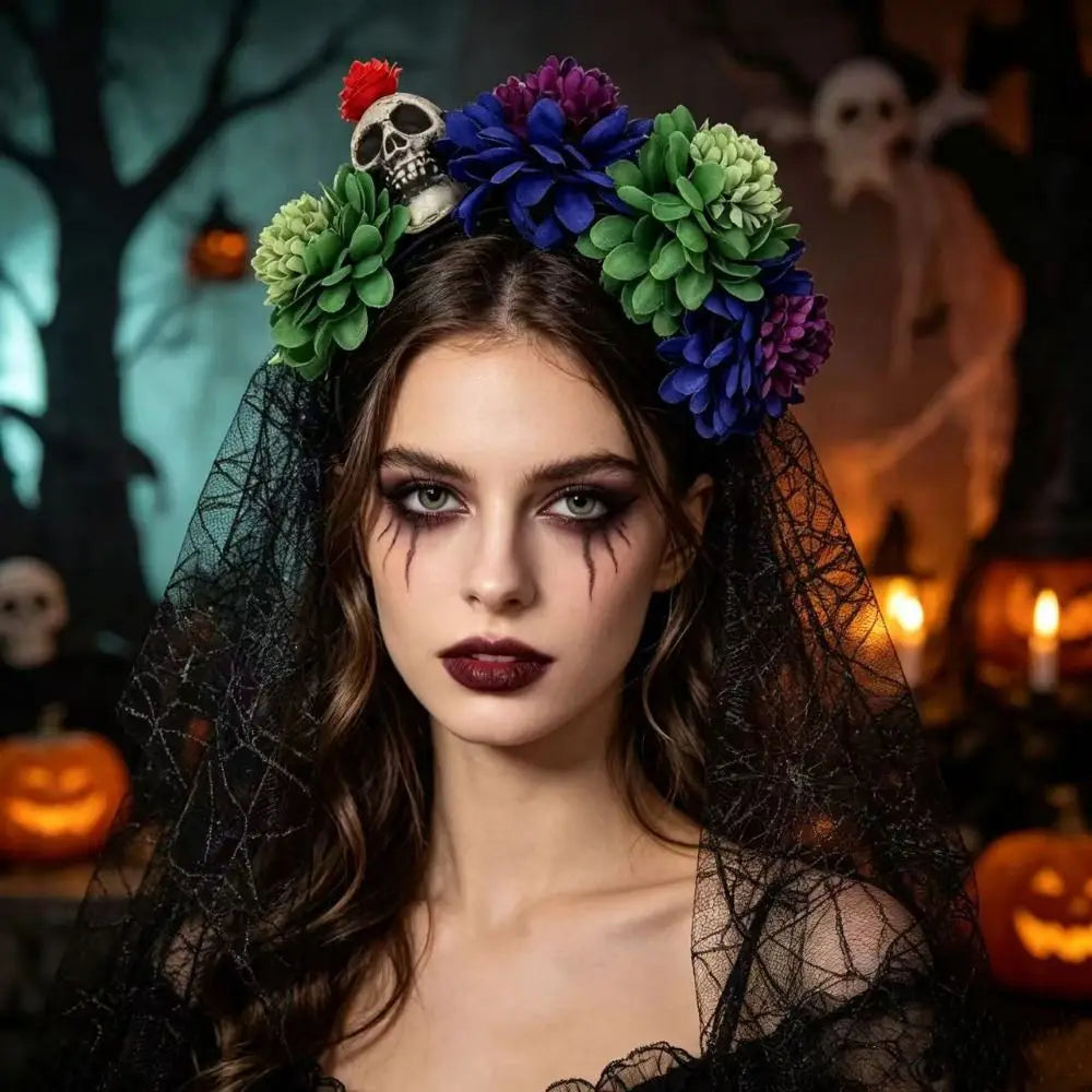 Artificial Flower Halloween Flower Headband Floral Black Veil Ghost Festival Headpiece Lightweight Photo Prop Qme