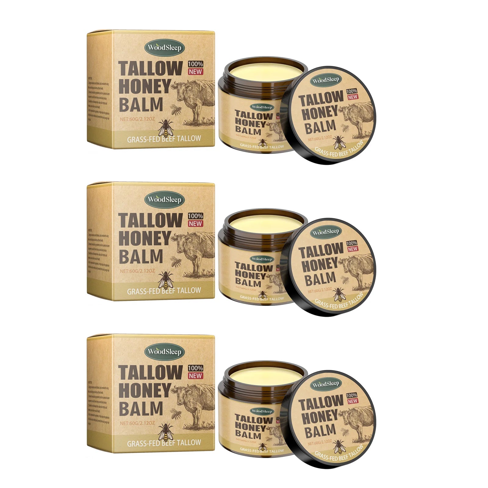 Beef Tallow Honey Balm Moisturizing Hydrating Face Cream Body Lotion Fades Fine Lines Tighten Soothen Brightening Facial Skin Qme 3 x 60g Boxed