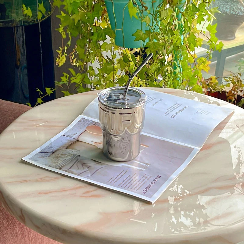Lid-equipped Glass Mirrored Straw Coffee Cup Qme