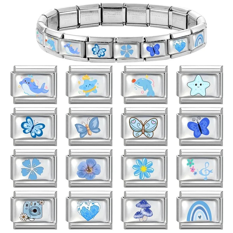 New 2026 Y2K Rainbow Heart Earth Blue Series Pattern Italian Charm Links Fit 9mm Stainless Steel Bracelet Jewelry DIY Making Qme