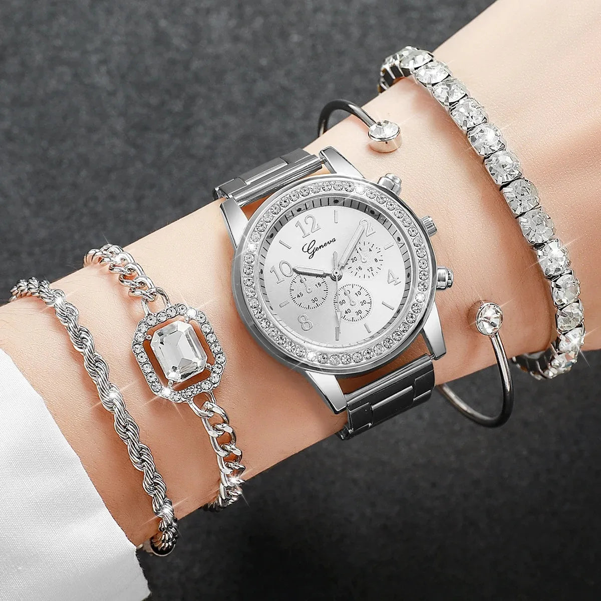 5PCS/Set Luxury Rhinestone Women Watches Ladies Arabic Dial Quartz Wristwatch Bracelet Set Reloj Mujer (Without Box) Qme Silver Without Box