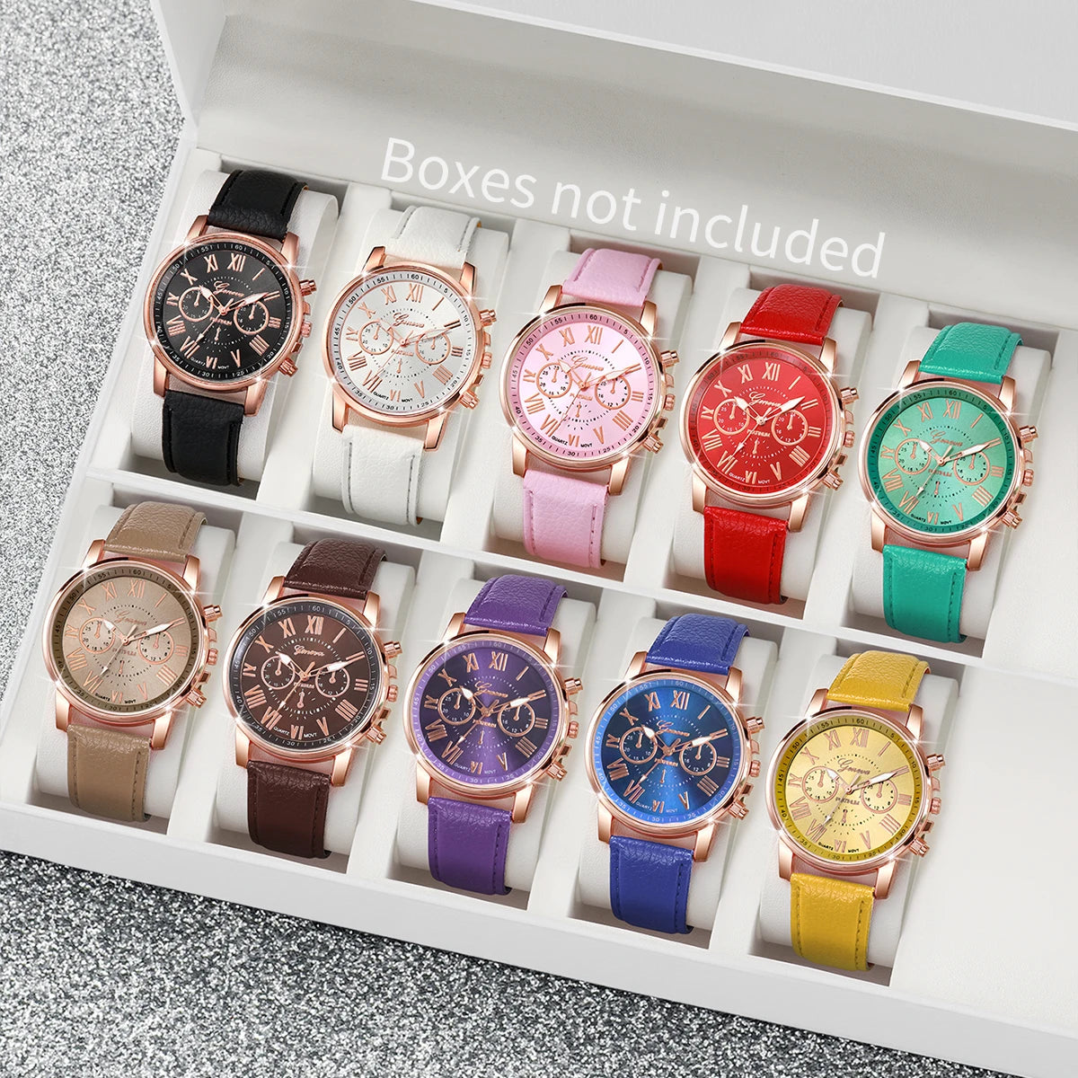 10PCS Women Watches Set Fashion Roma Dial Ladies Quartz Watch Casual Leather Band Wristwatches Relogio Feminino Reloj Mujer Qme 10PCS Set No Box