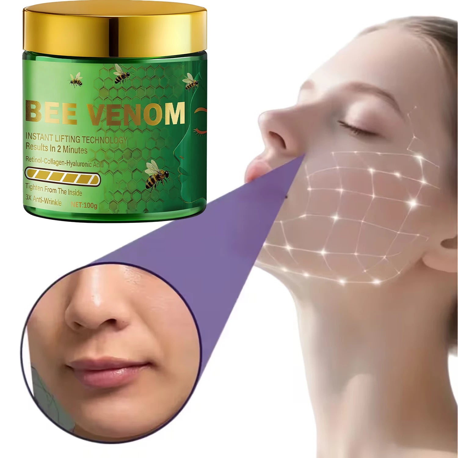 Bee Venom Instant Lifting Cream - 3X Anti-Wrinkle & Tightening Results in 2 Minutes with Retinol & Collagen. Qme