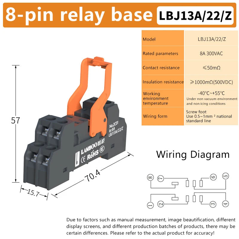 Relay Base LBJ13A Series Precision Manufacturing 5Pin 8Pin For DC12V/24V/48V AC24V/110V/220V Qme 8pin