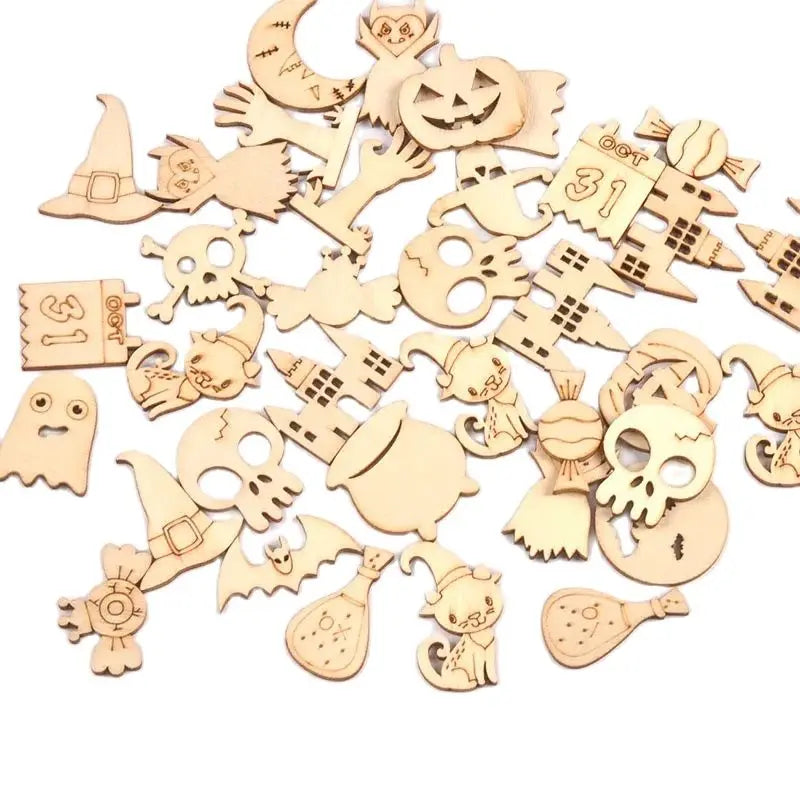 50pcs 3cm Mixed Halloween Ghost Hand/Caslte/Skeleton Wood Slices DIY Scrapbook Craft Party Decor Gift Handmade Accessories c4114 Qme