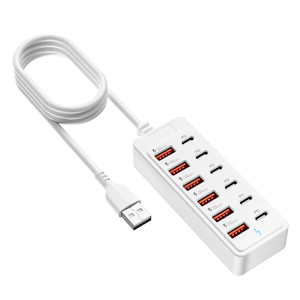 Multi Ports USB Power Strip 12 in 1 Fast Charging Phone Charger Station USB Type C Electrical Socket Adapter USB C HUB Charger Qme White