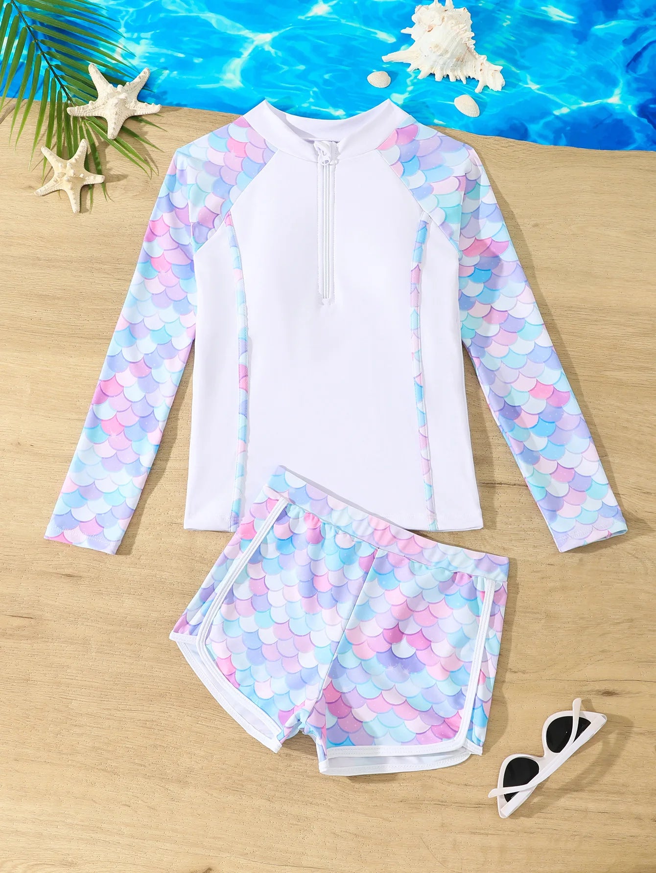 Girls Swimsuit 2025 Pink Long Sleeve Rash Guard Shirts Children Swimwear Summer Kids Beach Wear Shorts Quick-Dry Bathing Suit Qme WHITE 160