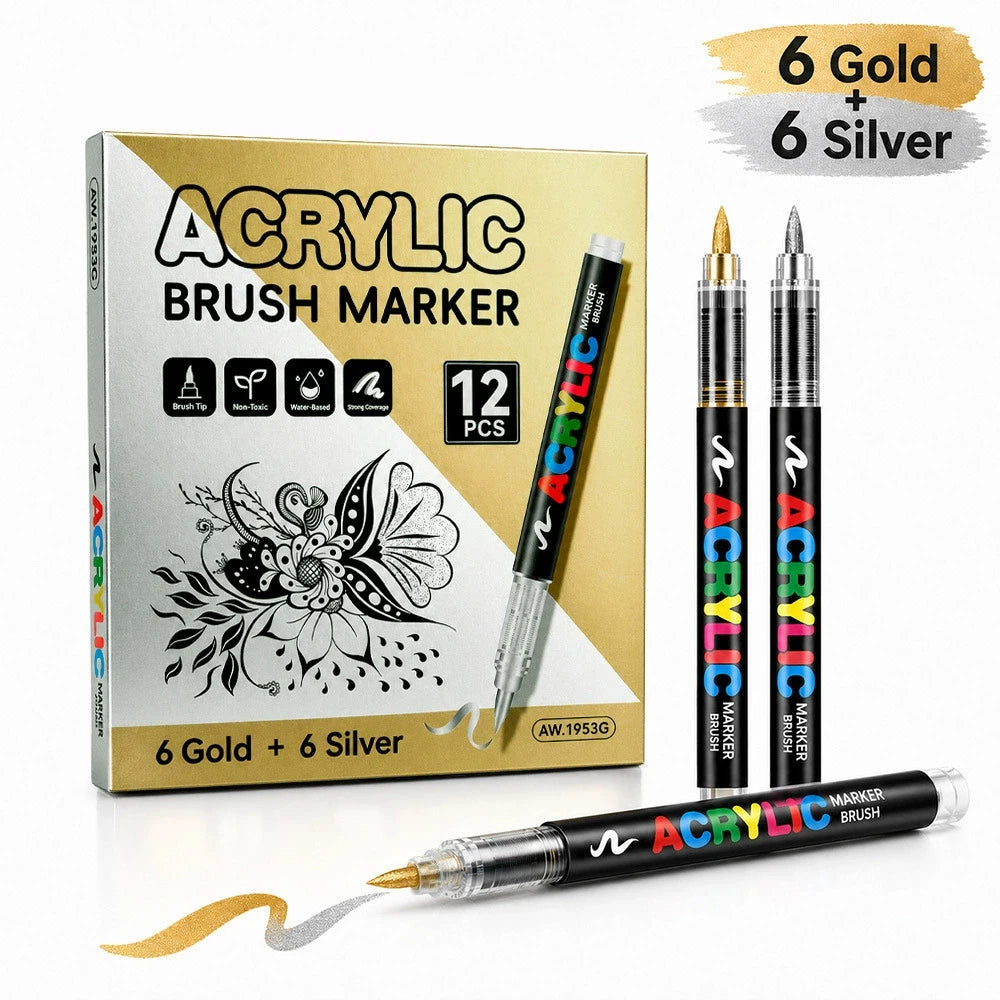 12 Colors Acrylic Paint Pen Set Black/White/Gold/Silver Acrylic Highlights Markers Brush Tip Markers for Wood Rock Painting Gift Qme 6 gold 6 silver