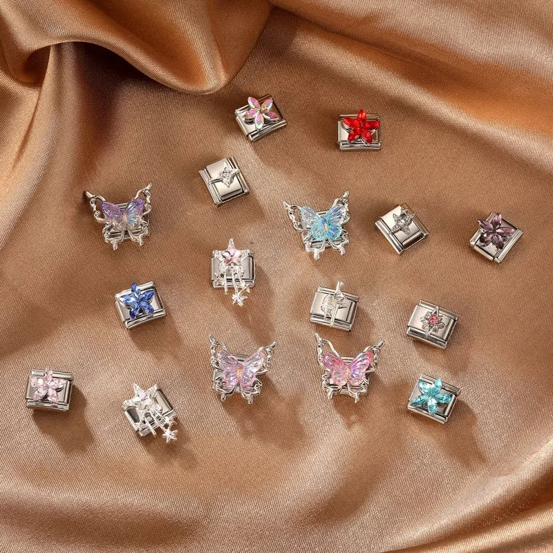 Fashion Zircon Red Blue Pink Flowers Butterfly Stars Tassel Italian Charm Links Fit 9mm Bracelet Stainless Steel DIY Making Gift Qme