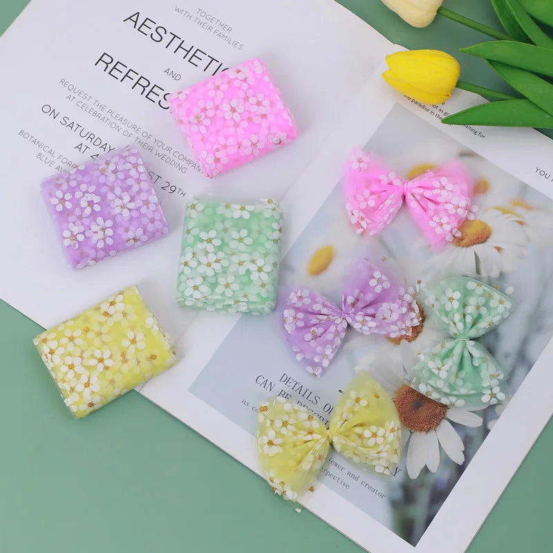 6cm 5Yards Floret Tulle Daisy Ribbon Roll DIY Craft Ribbons for Gift Bow Packaging Cherry Blossoms Printed Mesh Fabric Supplies Qme