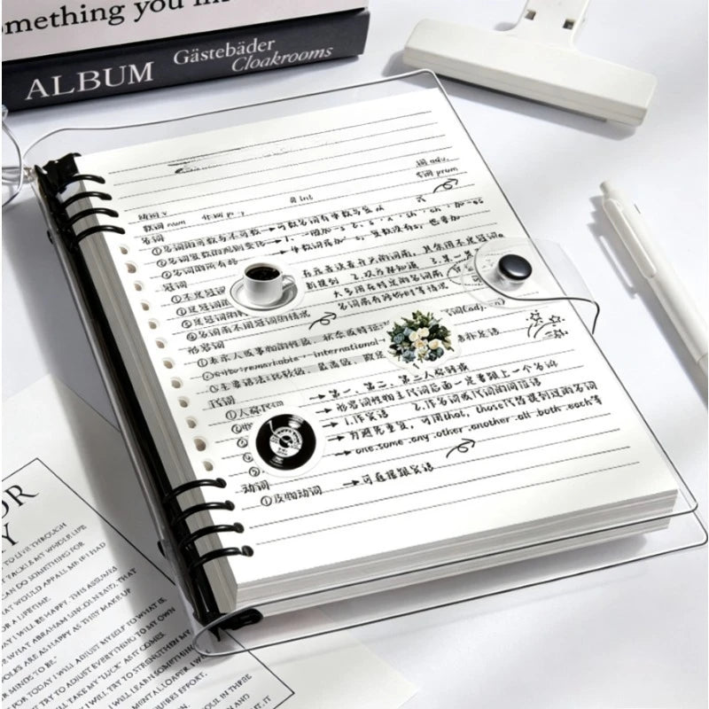 60 sheets of 120-page transparent soft leather loose-leaf notebooks with detachable ring covers and horizontal lines A5 Qme black A5