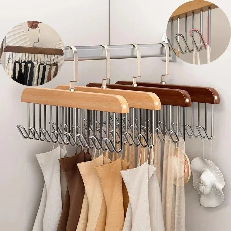 Retro Solid Wood Hanger Hook Storage Bra Tie Hangers Household Belt Storage Rack Durable 8 Hooks Rack Closet Clothes Organizer Qme