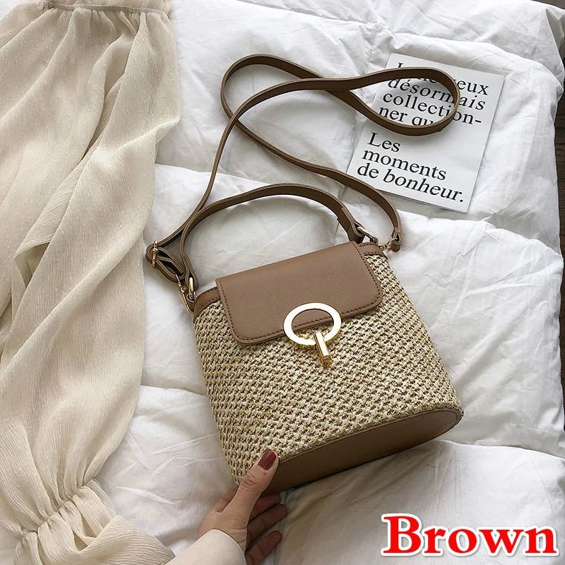 Small Straw Bucket Bags Women Summer Crossbody Lady Travel Purses Qme Brown