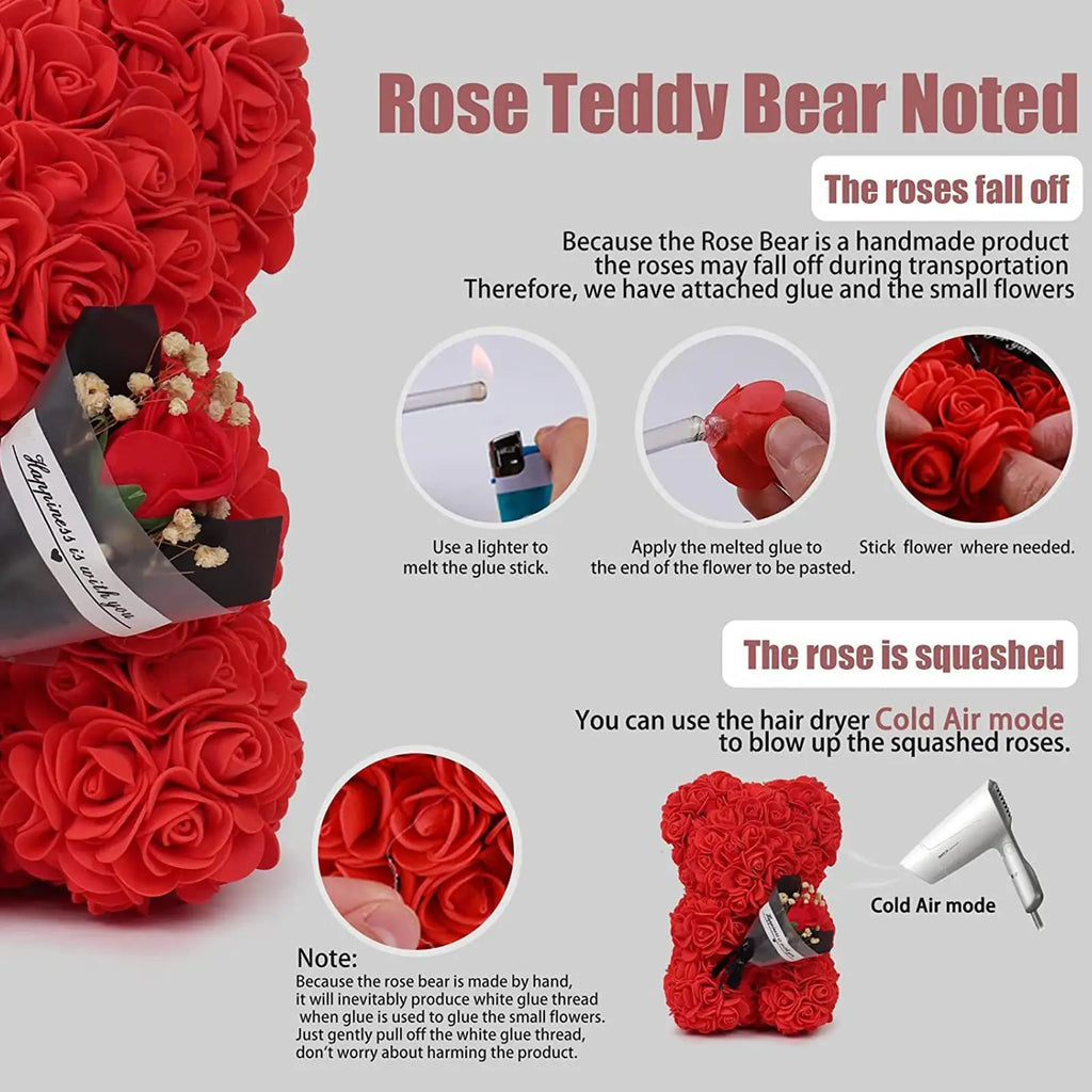 Flower Bear 9.45in Artificial Forever Flower Rose with Clear Box Romantic Gift for Her Handmade Valentine Bear for Home Decor Qme