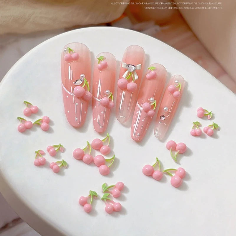 50pcs Pink Cherry Nail Charms, 3D Resin Cute Strawberry Fruit Nail Art Decorations, Flat Back Green Leaf Cherry DIY Manicure Qme