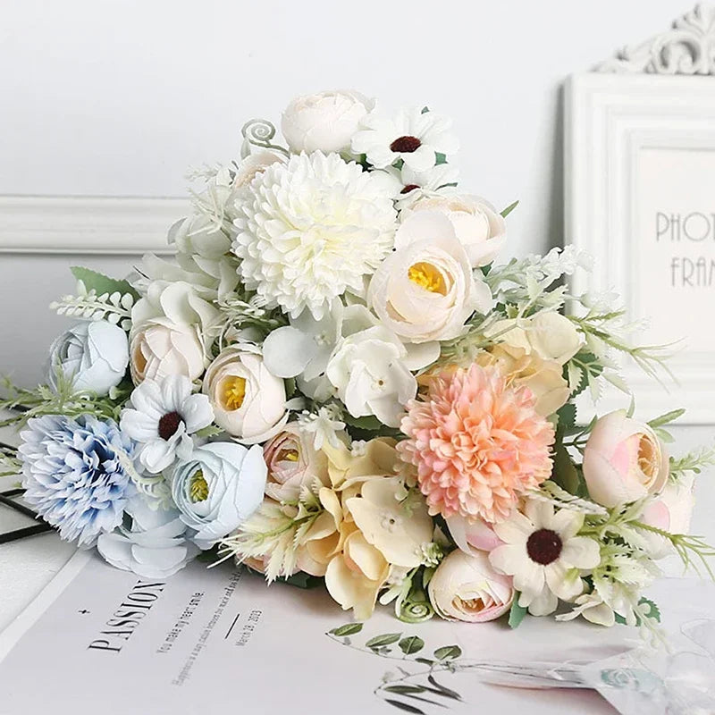 Artificial 1PC Flowers Wedding Home Bedroom Decoration Bridal Bouquet Garden Fake Silk Roses Hydrangeas Vase For Board Outdoors Qme