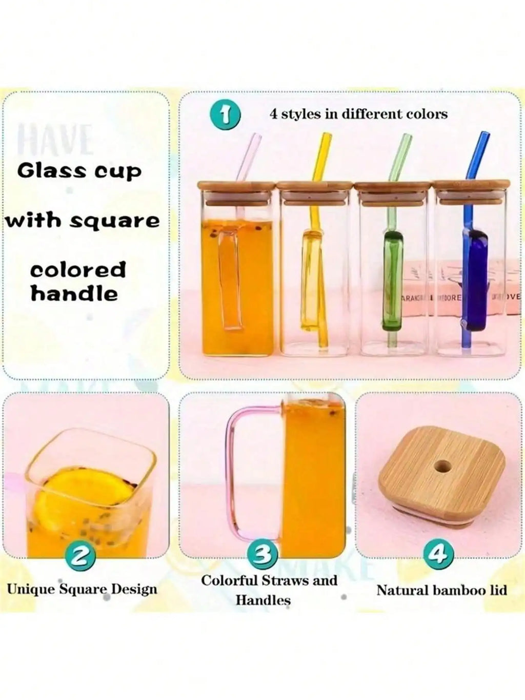 Bamboo Covered Straw Square Glass Cup Transparent Water Handle Iced Qme