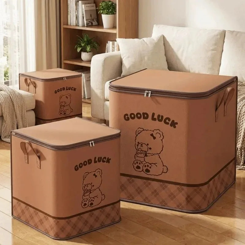 Portable Household Moving Foldable Storage Bag Large Capacity Quilt Dustproof Storage Bag Cute Bear Pattern Clothes Storage Box Qme