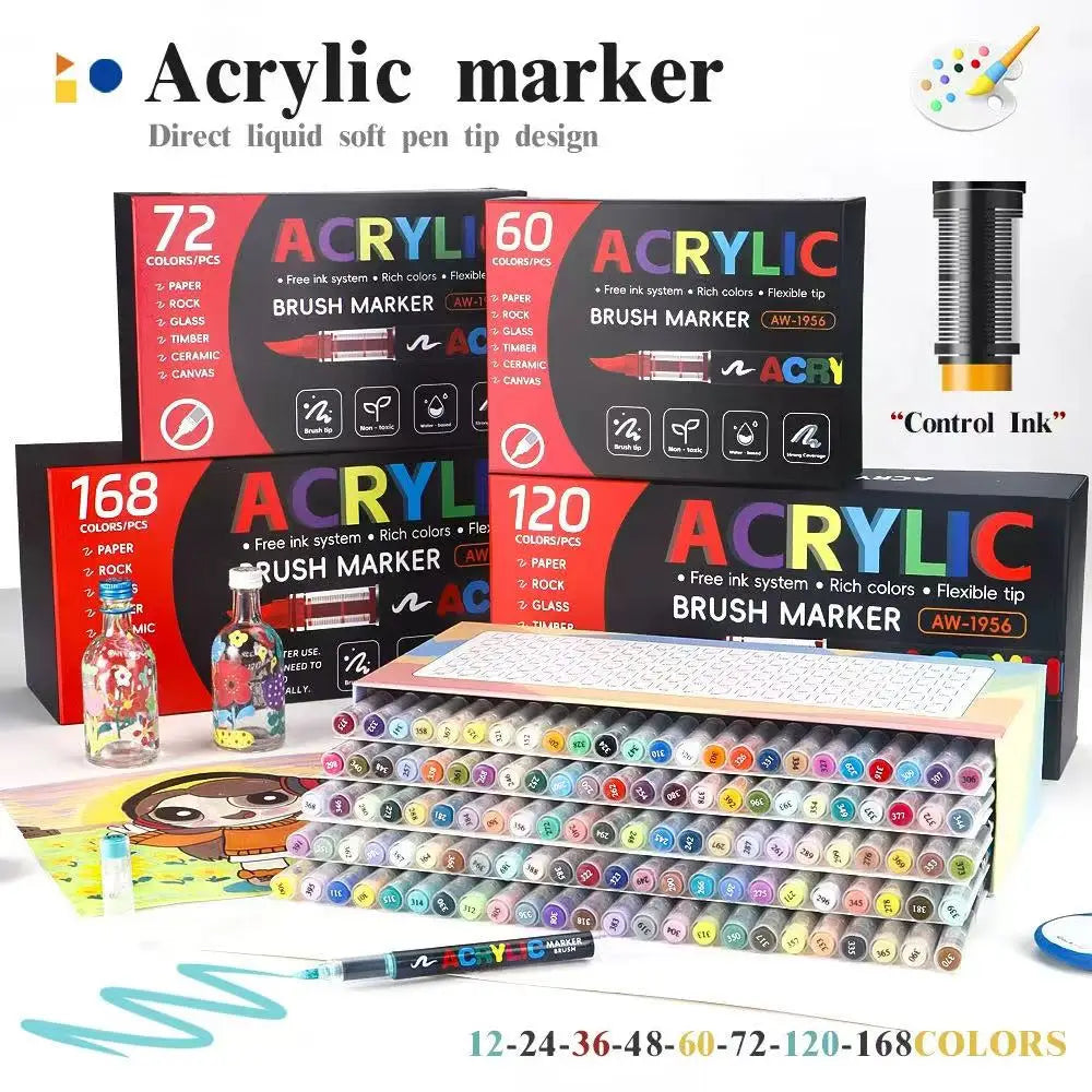 12-288 Colors Acrylic Paint Pens Markers Brush Tip Paint Markers for Rock Painting Wood Stone Glass Gift DIY Crafts Qme