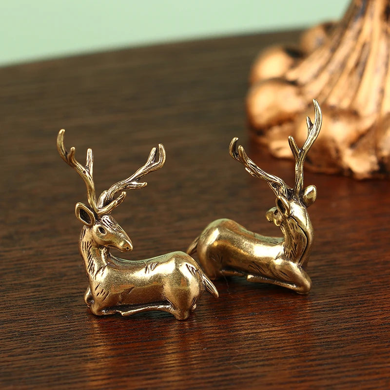 Mini Deer Statue Desktop Ornament Decors Retro Brass Christmas Elk Qme