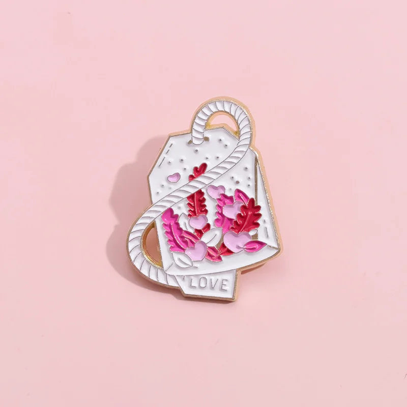 Cartoon Box Enamel Pin Creative Pink Leaf Heart Design Brooches For Shirt Hat Lapel Metal Badges Jewelry Gift Wholesale Qme