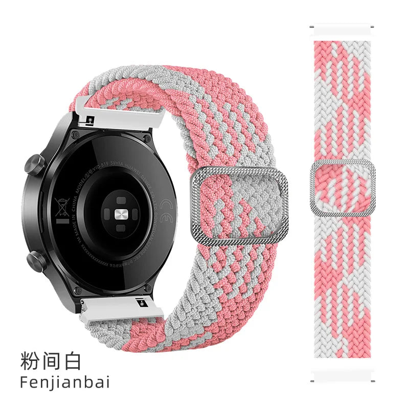 Elastic Braided Nylon Watch Band Adjustable Breathable Strap Anti Sweat Wristband For Samsung Galaxy Watch Huawei Smart Watch Qme Pink White 22mm