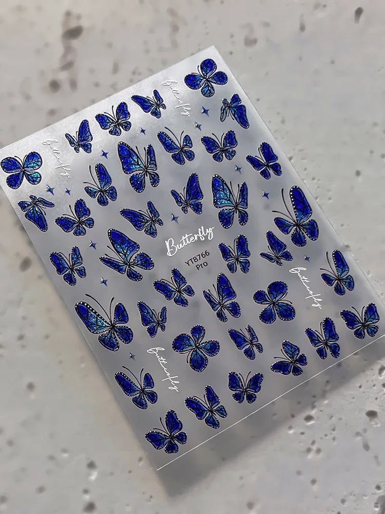 3D Embossed Holographic Butterfly Nail Stickers, Iridescent Aurora Self Adhesive Waterproof Decals for Nail Art DIY Manicure Qme Blue