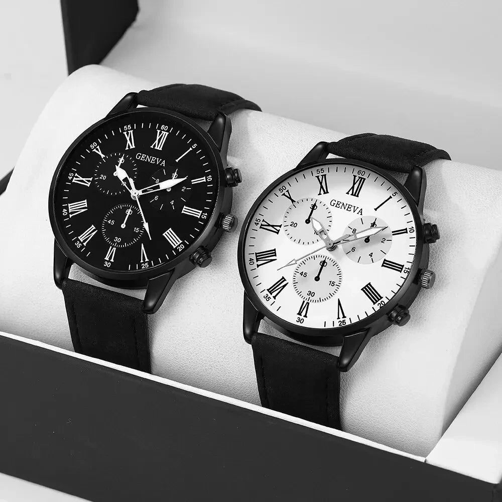 2Pcs Geneva Couple Men Watch Set Black Suede Leather Chronograph Quartz Wristwatch Roman Dial Black White Dual Face Gift Qme black