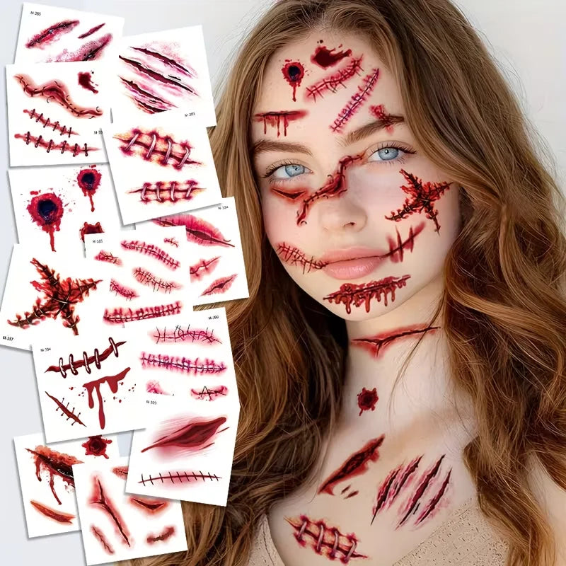 20 Sheets 3D Realistic Scar Tattoos Waterproof Fake Bloody Wound Qme