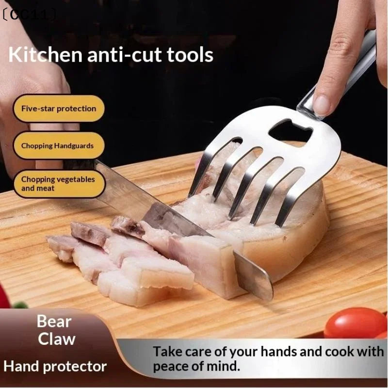 1 Stainless Steel Meat Cutter Finger Protector Fork Wooden Handle Qme